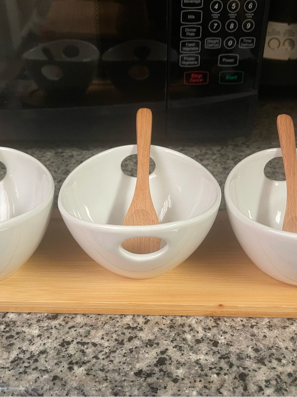 Amazon White Ceramic Serving Bowls with Natural Wood Spoons - Set of 3